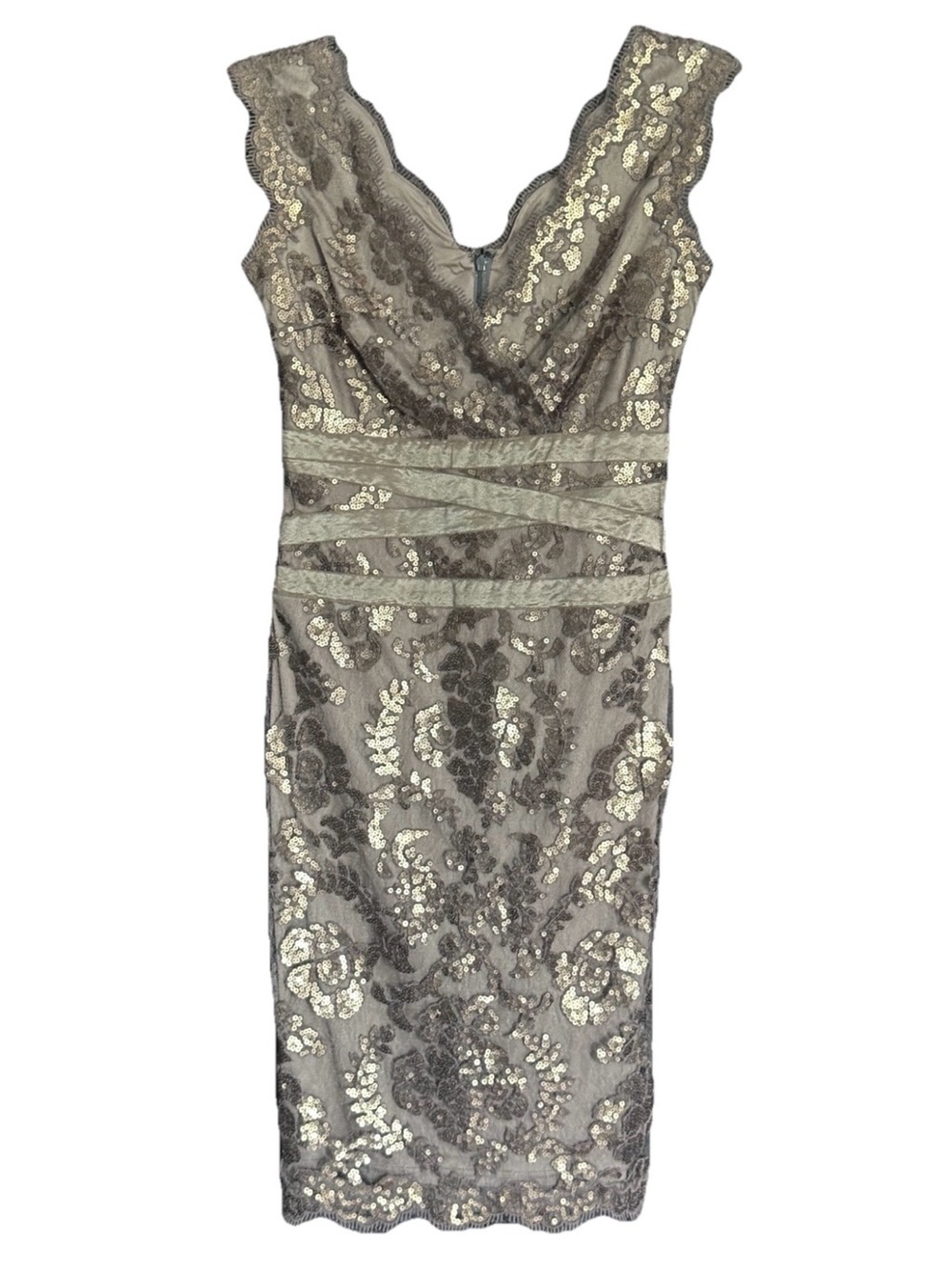 Tadashi Shoji Smoke Pearl Sequin Lace Banded Sheath Dress 4 Wedding Guest